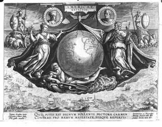 Discovery of America with portraits of Amerigo Vespucci and Christopher Columbus engraved by Jan Collaert printed by Philipp Galle
